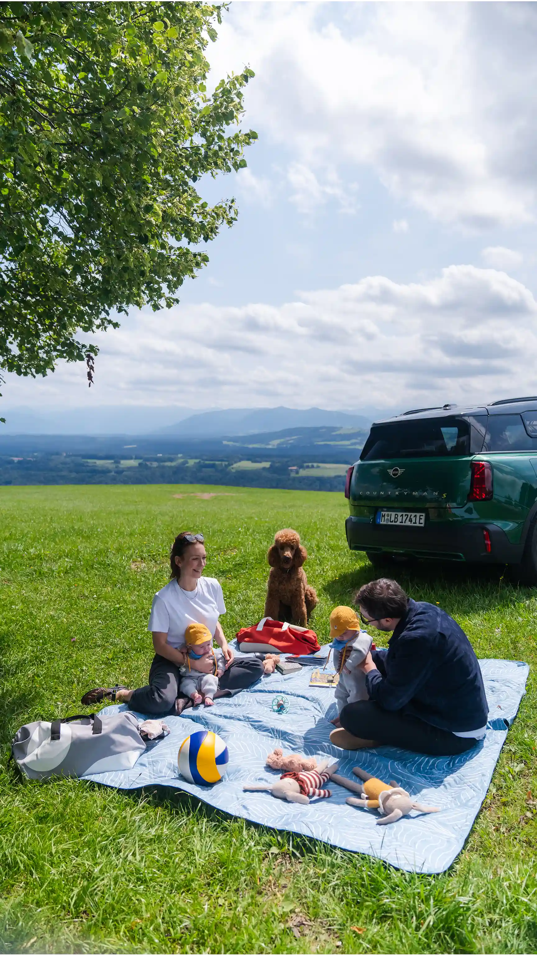 Une famille partageant un pique‑nique sur une couverture dans un champ, à côté d’une MINI Countryman.