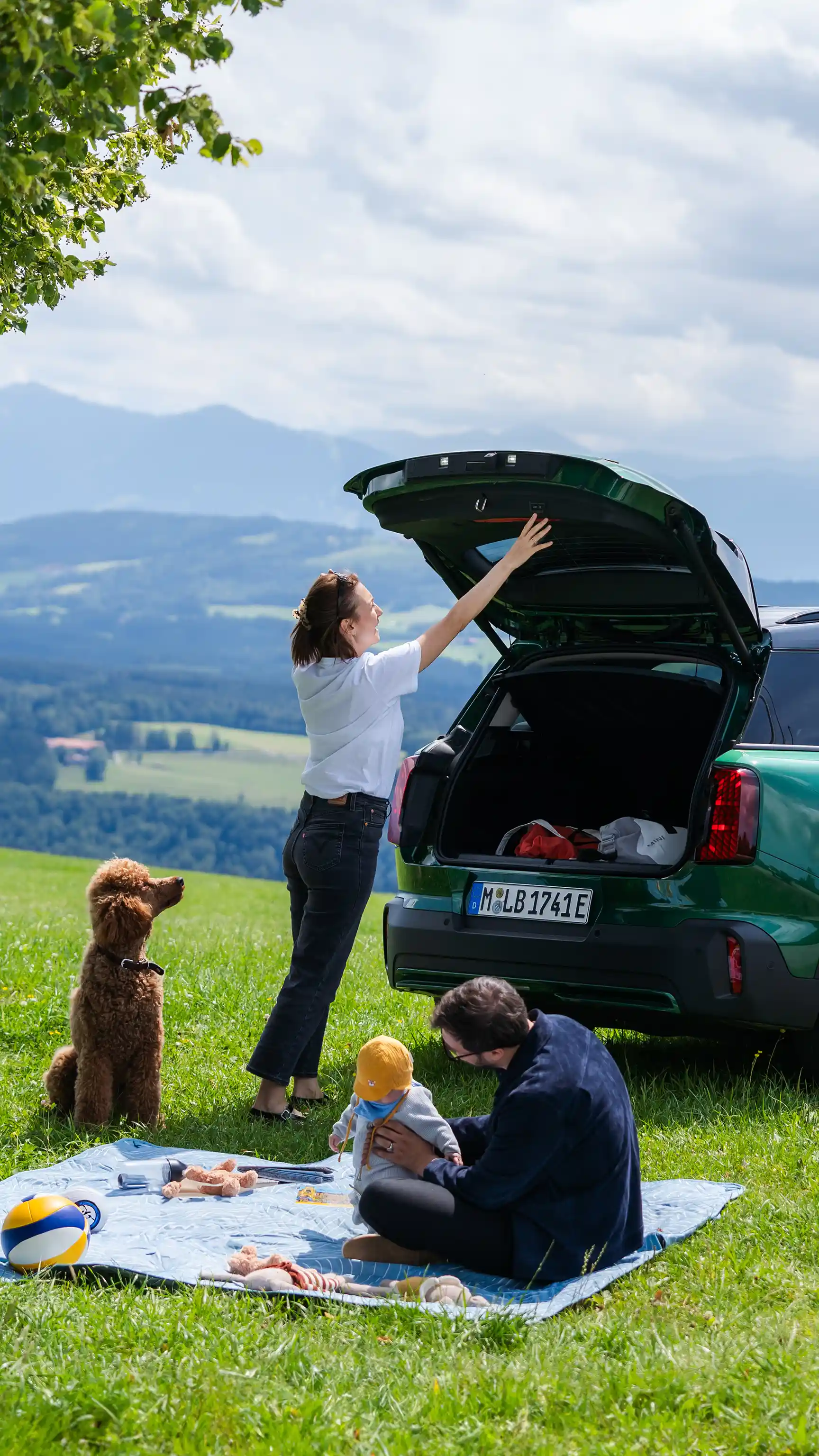 Une famille partageant un pique‑nique sur une couverture à côté d’une MINI Countryman en Racing Green IV, coffre ouvert, dans un paysage montagneux.