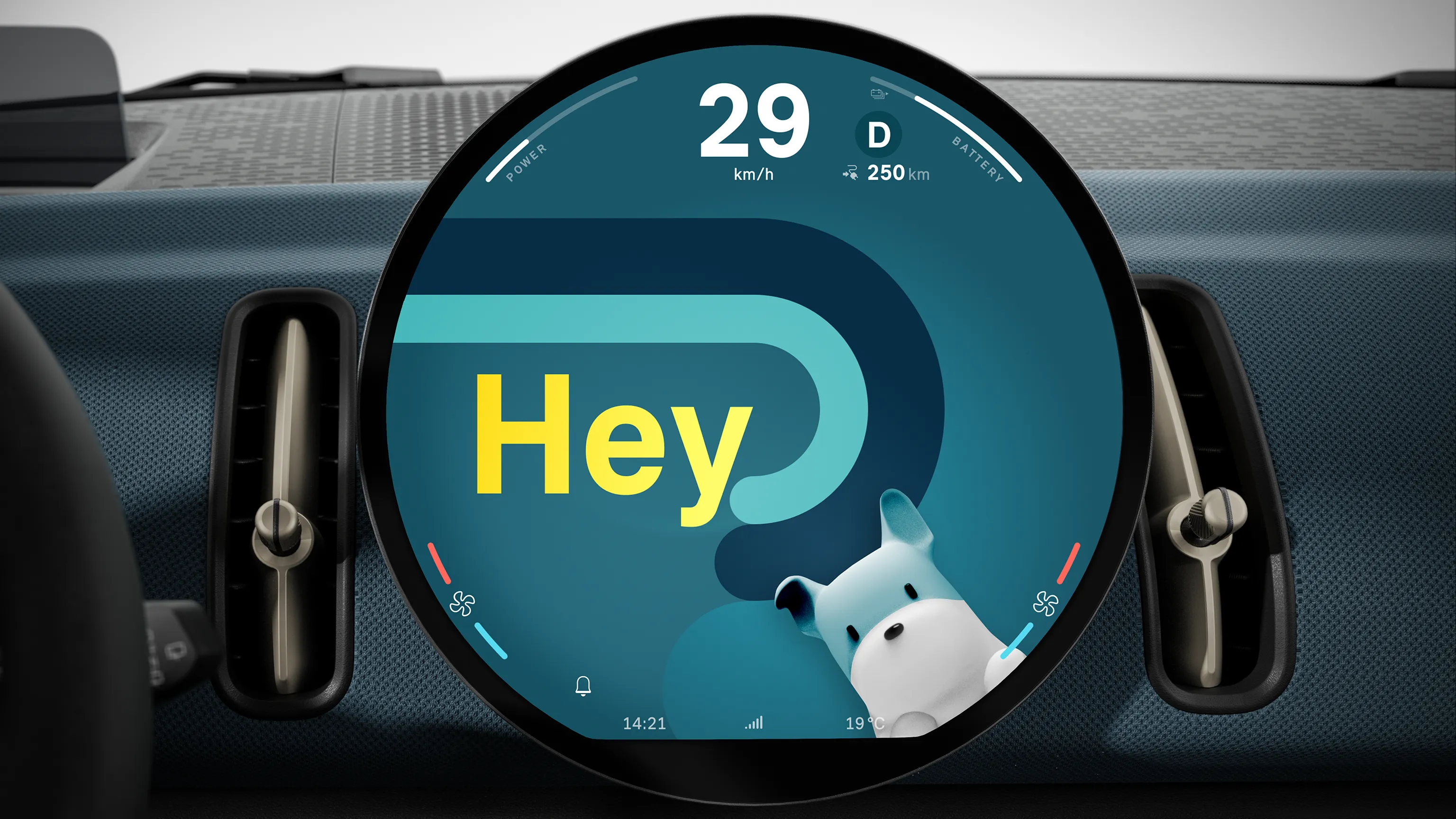 MINI circular display showing the digital assistant animation with speed and range information.