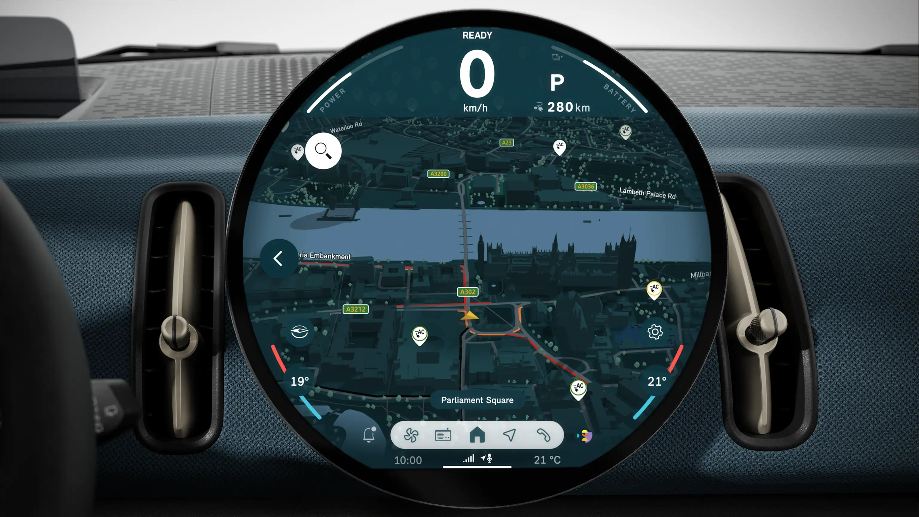 MINI circular infotainment display showing 3D navigation with route guidance and surrounding map details.