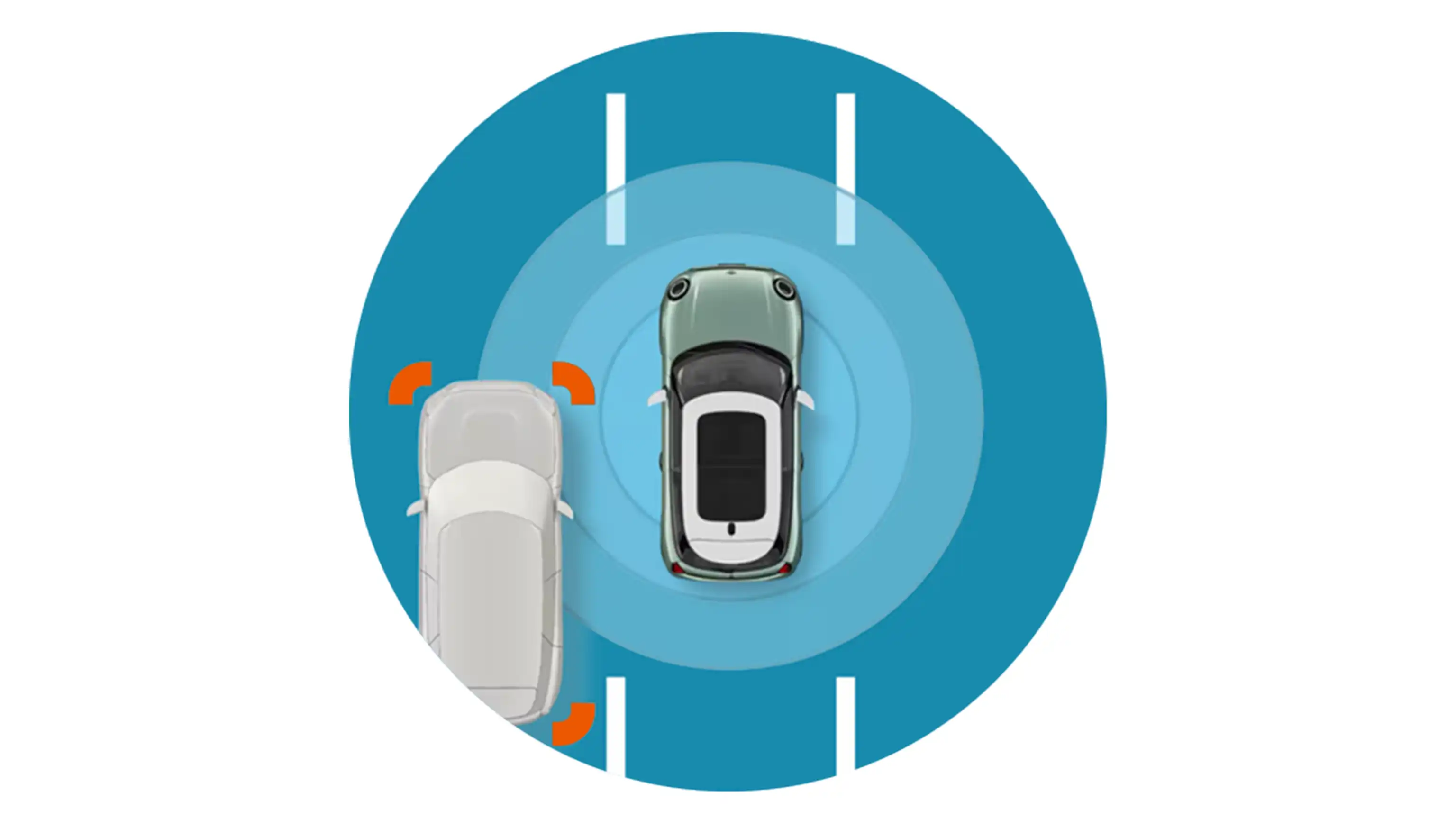 Illustration of a MINI detecting lane departure with warning indicators on both sides.